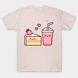 Kawaii Strawberry Lovers Design with Strawberry Cake and Milkshake | Cutesy Kawaii T-Shirt